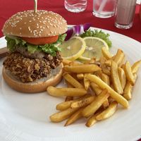 Chicken burger, 199 baht (plus 7% tax)  at Five Star J Restaurant in Pattaya