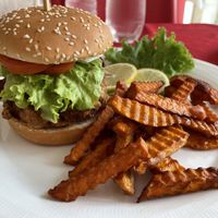 Shiitake burger, 199 baht  at Five Star J Restaurant in Pattaya