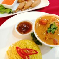 Soy meat drumsticks and indian tika masala curry with soy meat. at Five Star J Restaurant in Pattaya