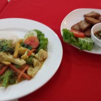 My first meal in Js.  The appetizer is grilled pork neck.  Veggie of course. No idea how they get that taste.   at Five Star J Restaurant in Pattaya
