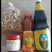 Vegetarian white soya sauce, vegetarian suki sauce, vegan shrimps chilli paste and tvp  at Hesan Vegetarian in Phuket