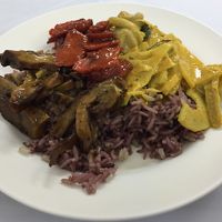 Veqg curries, mock meat and brown rice for 100THB at Hesan Vegetarian in Phuket