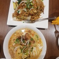 Top- Hokkien noodles.     Bottom- Yellow noodle laksa at Utopia Vegan in Dickson