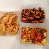 L: plum sauce seitan chikn, R: Crispy nuggs, top: fried wontons at Welcome Chinese Vegetarian Cafe in Christchurch