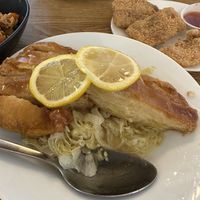 Lemon chick’n & calamari (background)  at Tian Ran in Mermaid Beach
