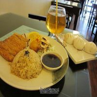Hainanese Chicken Rice, Hot Jasmine Tea, and BBQ buns at Thea Vegetarian Tea Garden in Adelaide