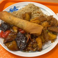 2 choices and a spring roll  at Pure Vegetarian - Total Vegetarian - Stall in Adelaide