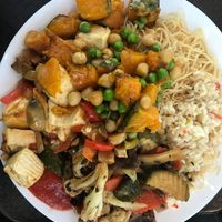 noodles & rice with soy beef, chickpea pumpkin curry and mapo tofu at Vegetarian Delight in Adelaide