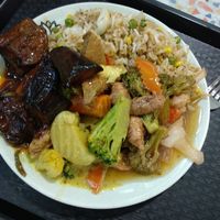 $9 for fried rice with stir fried eggplant, tofu curry and sweet and sour 'chicken' at Vegetarian Delight in Adelaide