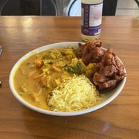 Curry and rice were nice (but good have been hotter). Pakora were cold and salty. Drink (orange & passionfruit thing) was foul 😆  at Cardamom Pod in Byron Bay