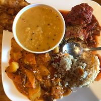 All Vegan. Curries, rice, kofta balls, eggplant fritter at Cardamom Pod in Byron Bay