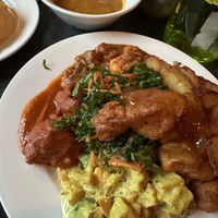 Curries, koftas, dhal, fried cauliflower, kale salad, and chips!  at Govinda's in Darlinghurst