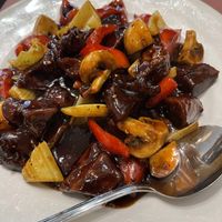 Crispy sietan with mushrooms and red capsicum  at Mother Chu's Vegetarian Kitchen in Sydney
