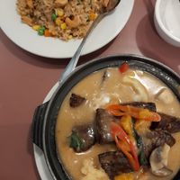 Mushroom rissoles in clay pot, fried rice with cashews at Mother Chu's Vegetarian Kitchen in Sydney