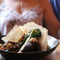 VEGAN ROAST VEGIE & FREEKAH SALAD 

A warm salad of roasted pumpkin, beetroot, broccolini & Spanish onion w/ freekeh, chickpeas, pomegranate, pistachios & Persian macadamia feta, finished w/ Tunisian pastry crisps.
 at Vegie Bar in Fitzroy