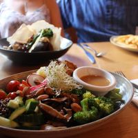 BUDDHA BOWL 

A bed of quinoa with organic 3 seeds tempeh, sprouts, broccoli, shiitake mushrooms, sauerkraut, cherry tomatoes, cucumber, radish, spinach, activated almonds and a miso dressing. at Vegie Bar in Fitzroy