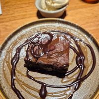 Triple choc brownie w/vanilla icecream $14.00: served warmed up, fudgy, perfect texture on the icecream at Vegie Bar in Fitzroy