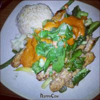 Tempeh stir fry with brown rice, greens & satay sauce at Vegie Bar in Fitzroy
