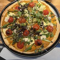 Squash pizza with asparagus, tomato and micro greens   at Vegie Bar in Fitzroy