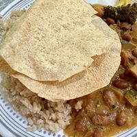 Tuesday lunch dish: Red kidney beans and veggies with brown rice and pappadoms  at Crossways in Melbourne