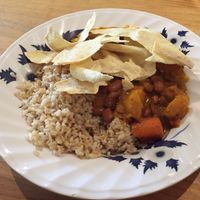 Kidney bean curry with papadums at Crossways in Melbourne