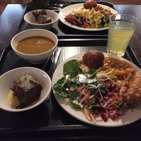 Feast! Soup, kofta, curry, salads, sticky date pudding and a drink (all vegan) and a vegan samosa... at Gopals in Melbourne
