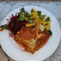 vegan lasagna special with two salads at Gopals in Melbourne