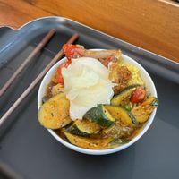 Lots of curries and veggies and tofu dip on top!  at Tofulicious in Richmond