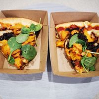 Pumpkin, caramelised onion, spinach and vegan mozzarella pizza at Manna Wholefoods Cafe in South Fremantle