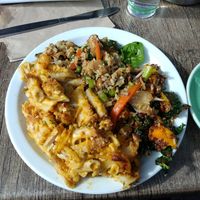 Mac and "cheese", rice tempeh salad, and pumpkin quinoa salad at Manna Wholefoods Cafe in South Fremantle