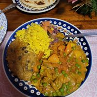 seitan strips with rice, veggies and  legume dal and Chapati bread on the side (liked the naan better though) at Bio Bistro Spicy Spices in Salzburg