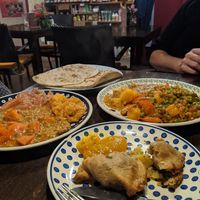 Seitan curry and Dahl with chapatti and nan bread.  at Bio Bistro Spicy Spices in Salzburg