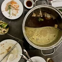 The divided hot pot everyone gets   at Vegetasia in Vienna