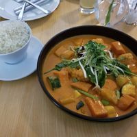 Red Thai Curry (mostly vegetables, some tofu), white rice at Hollerei in Vienna