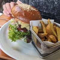 Vegan burger with fries at Hollerei in Vienna