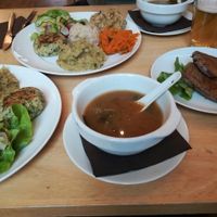 miso soup, seitan and mix of rice, quinoa, carrots, lentils, radishes etc. at Den Teepot in Brussels