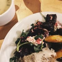 Cauliflower soup, beetroot & goat cheese and some delicious veggies of which I forgot the name.
 at Dolma in Brussels