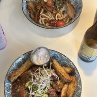 Crispy chili udon noodles and Dirty wedges vegan stoofvlees   at Greenway in Ghent