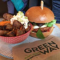 Possibly one of the best vegan burgers we’ve tried and the sweet potato wedges and sauce were amazing! at Greenway in Ghent