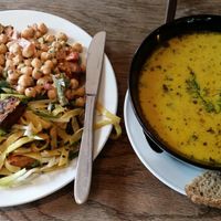 tortilla  with 2 portion salad and coconut carrot and ginger soup with bread at Morgenstedet in Copenhagen