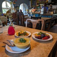 soup, potato salad and rice dish at Morgenstedet in Copenhagen