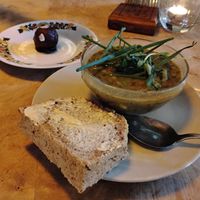 Thai spinach soup, bread, and coconut and chocolate bar  at Morgenstedet in Copenhagen