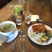 Cauliflower soup and lasagna both vegan  at Morgenstedet in Copenhagen