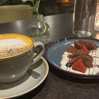 Turmeric latte & dark chocolate truffles  at Food For Friends in Brighton