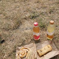 Vegan Chelsea bun and sausage roll with kombuchas. at Infinity Foods in Brighton