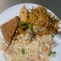 Seasame prawn toast, young chow noodles, chicken fried rice, prawn balls, beef in black bean sauce  at Veggie World in Milton Keynes