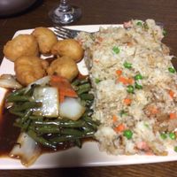 Delicious fine green beans, sweet & sour chick balls with mixed rice   at Veggie World in Milton Keynes
