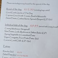 Typical menu at The Good Earth in Leicester