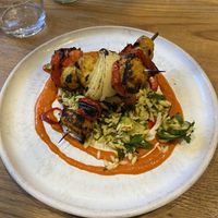 “Chicken” skewers and orzo  at Mildreds - Soho in London