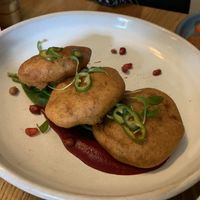 Aloo bondas with beetroot sauce  at Mildreds - Soho in London